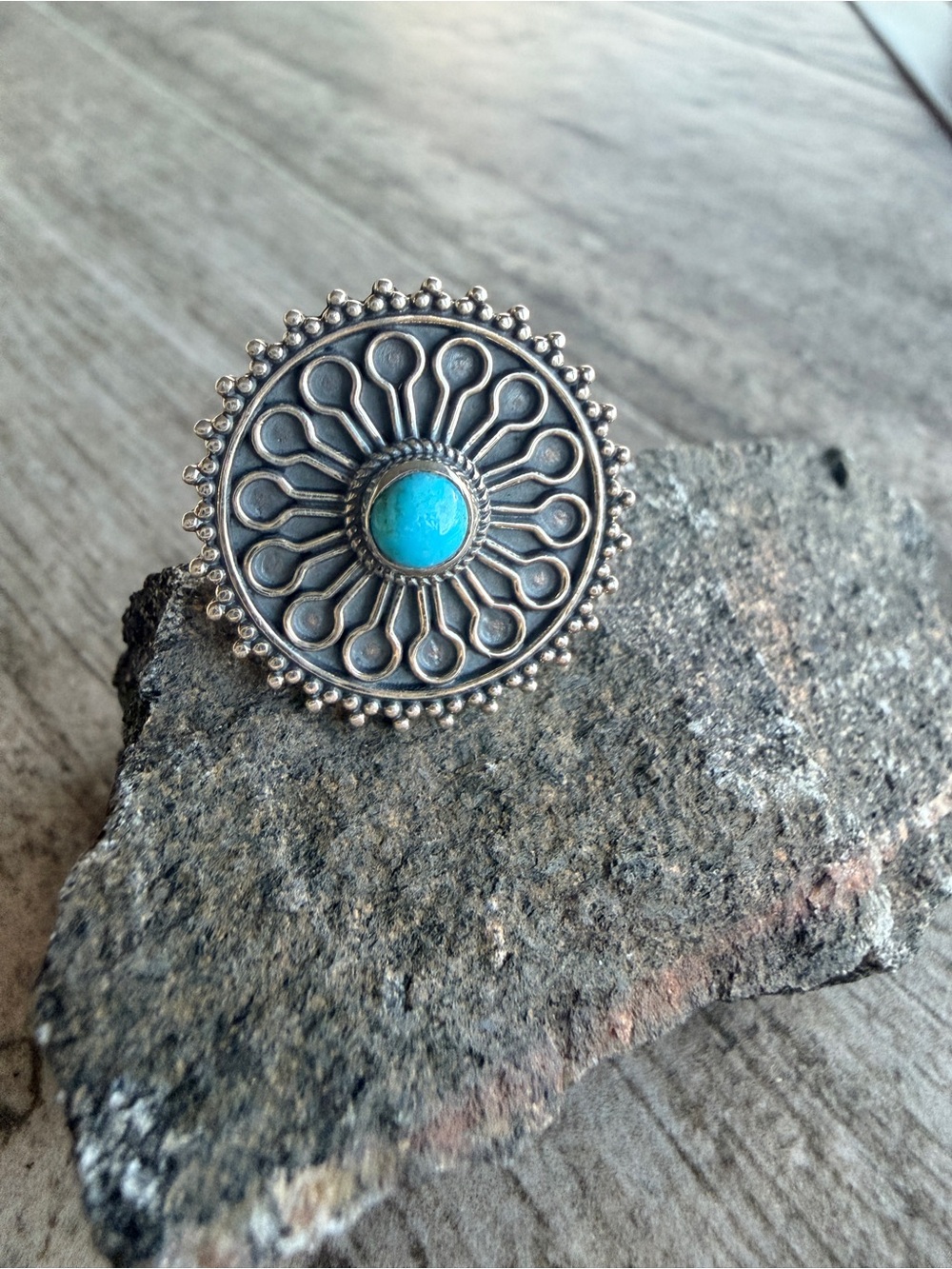 Turquoise Stone Floral Silver Ring